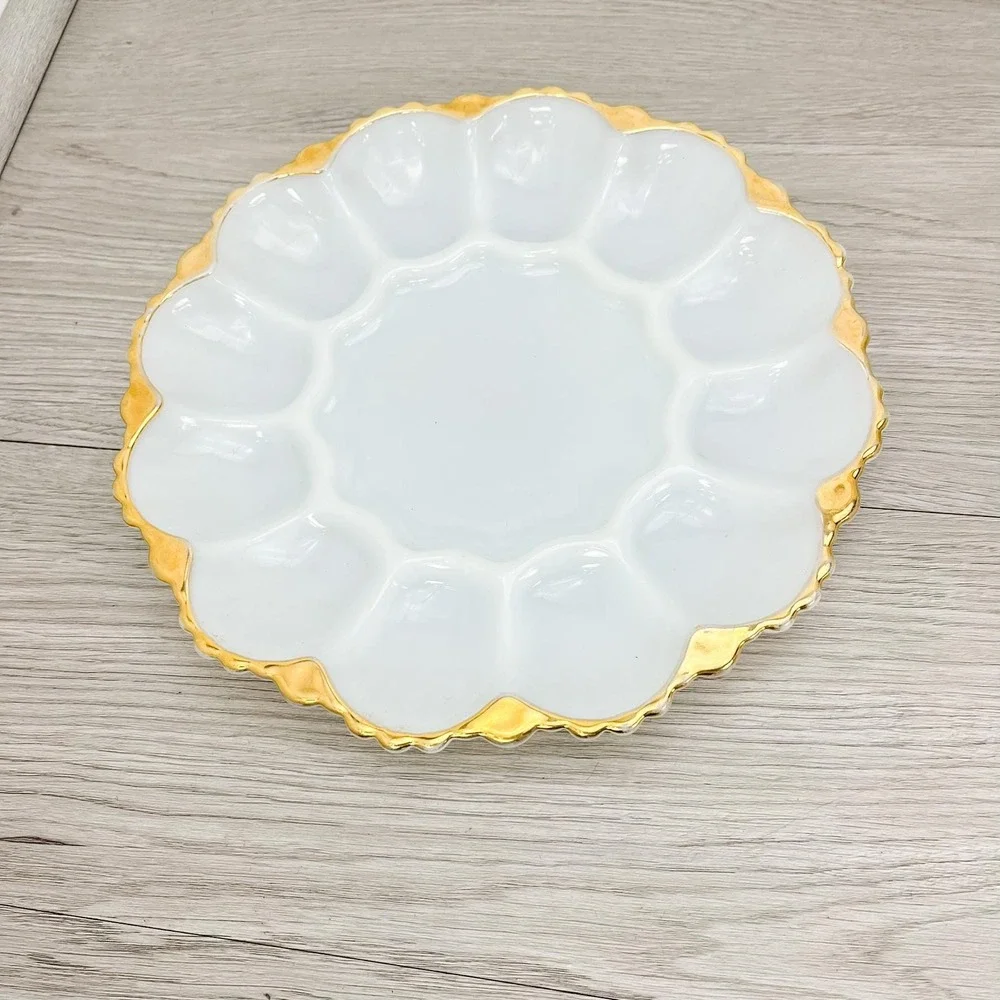 Anchor Hocking Milk Glass Gold Rim Deviled Egg Tray/Platter